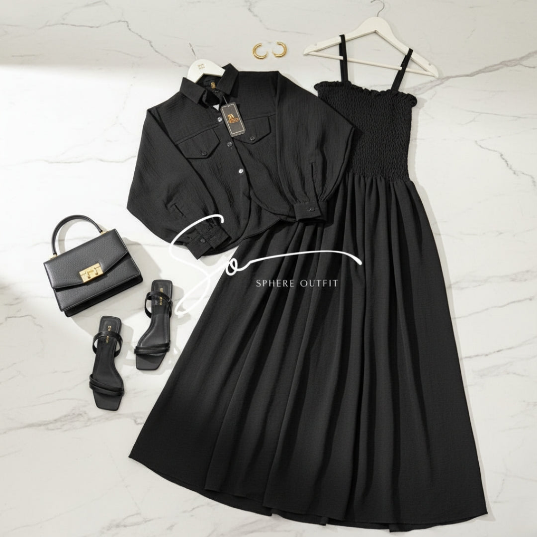 Elevate Your Wardrobe with Our Chic Smocked Maxi Dress & Cropped Collared Jacket Set!