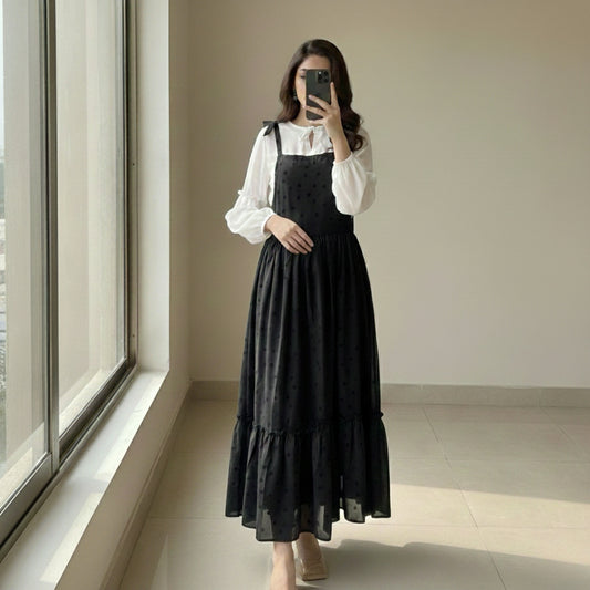Black Polka Dot Maxi Dress with White Inner Shirt | Elegant Modest Long Dress