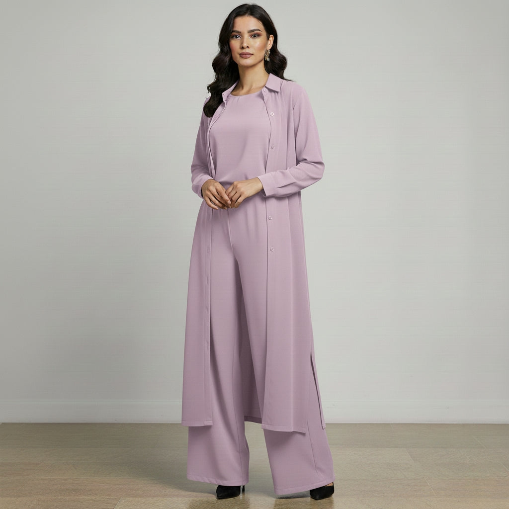 Womenâs 3-Piece Modest Suit Set â Long Upper, Inner Top & Wide-Leg Trouser