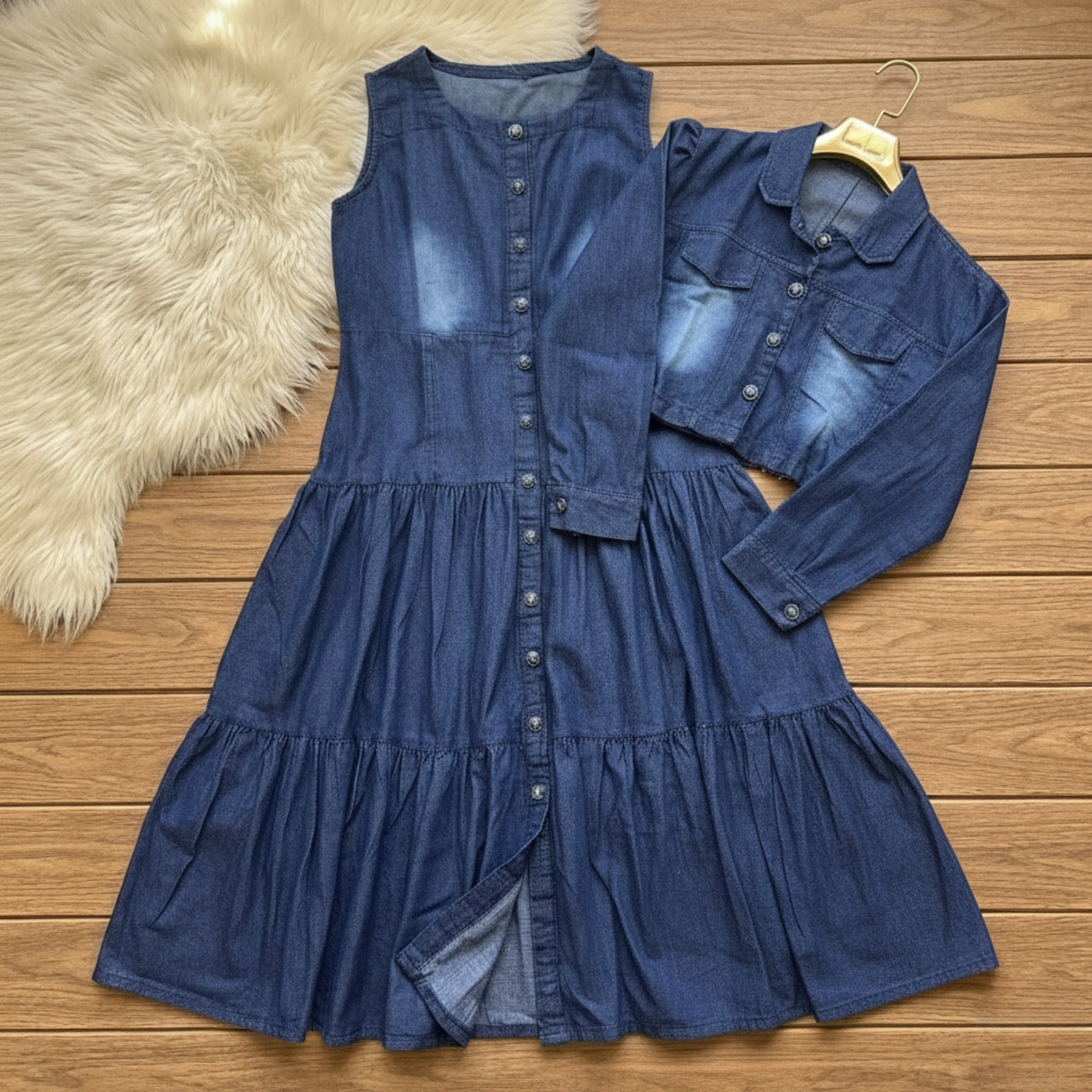 Denim Maxi Frock with Cropped Denim Jacket | Two Piece Dress Set for Women
