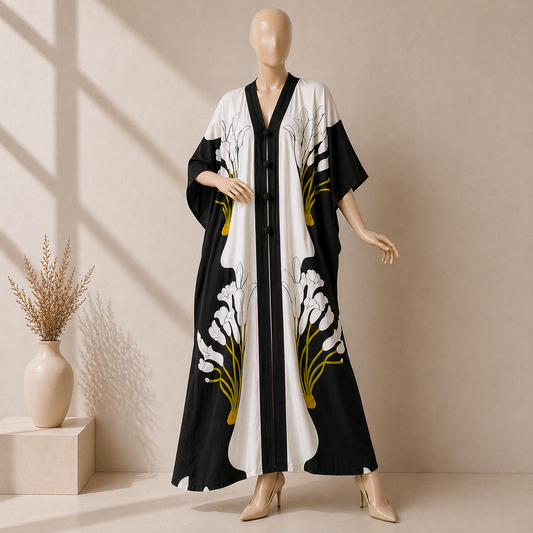 Black & White Floral Kaftan Abaya for Women – Elegant Maxi Modest Dress