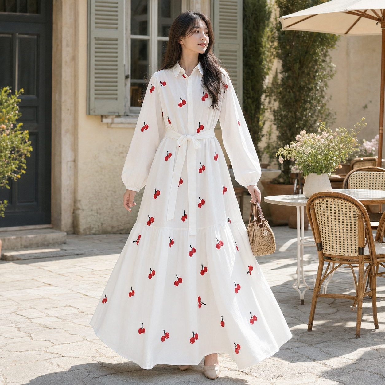 Cherry Blossom Embroidered Belted White Maxi Dress