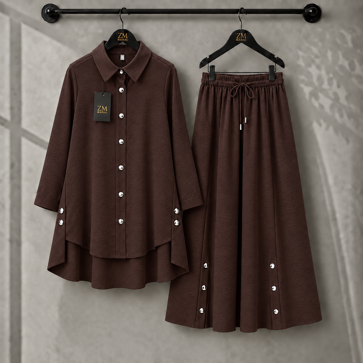 Aylin Turkish High-Low Co-Ord Set in Chocolate Brown - women’s 2-piece outfit | SphereOutfit