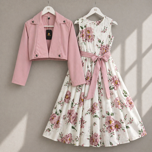 Printed Designer Dress with Jacket for Girls – Stylish Party Outfit
