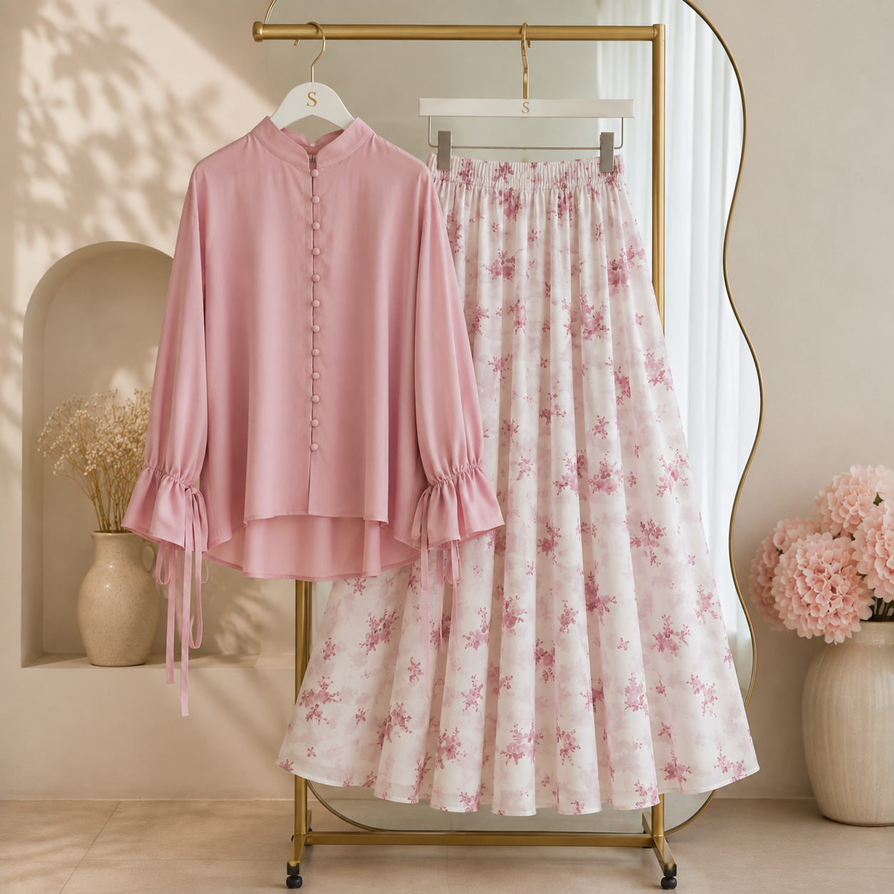 Aurelia Blush Floral Shirt & Maxi Skirt 2-Piece Set