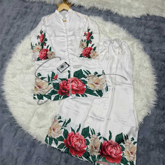 Floral Printed Two-Piece Suit - Satin Finish