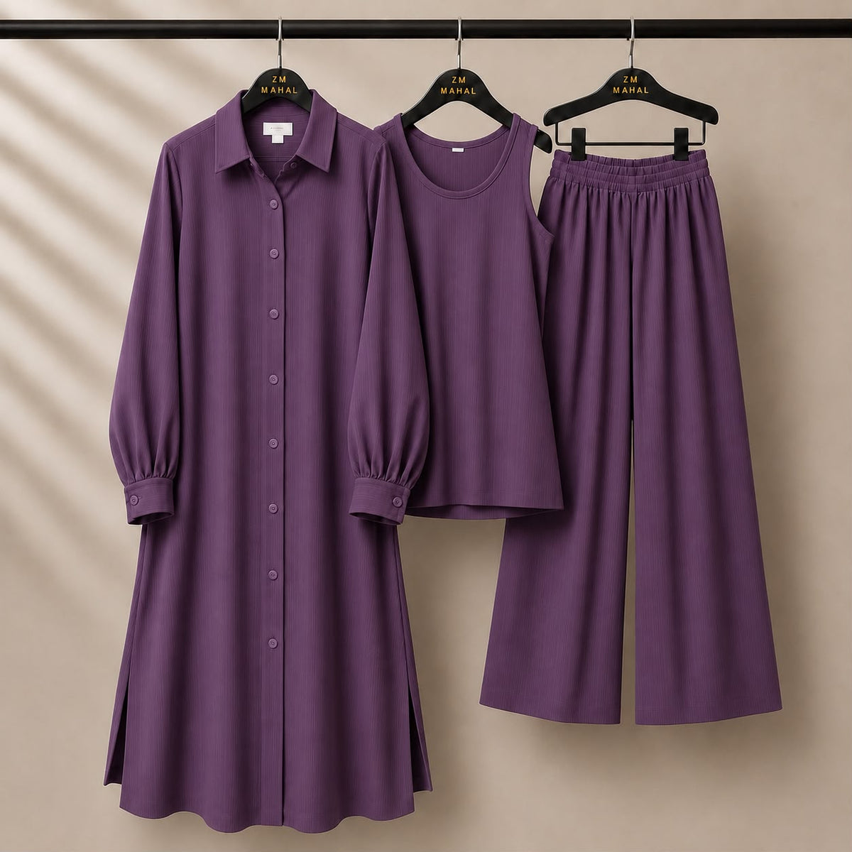 Modest Suit Long Top, Inner & Wide-Leg Pants 3-Piece | ZM-023