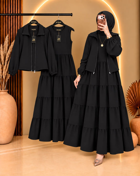 Elif Turkish Tiered Maxi & Jacket Set | ZM-036 - Black, S | SphereOutfit