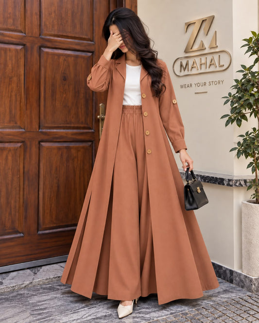 Liora Turkish 3-piece set in Rust, long coat with inner and wide-leg trouser | SphereOutfit