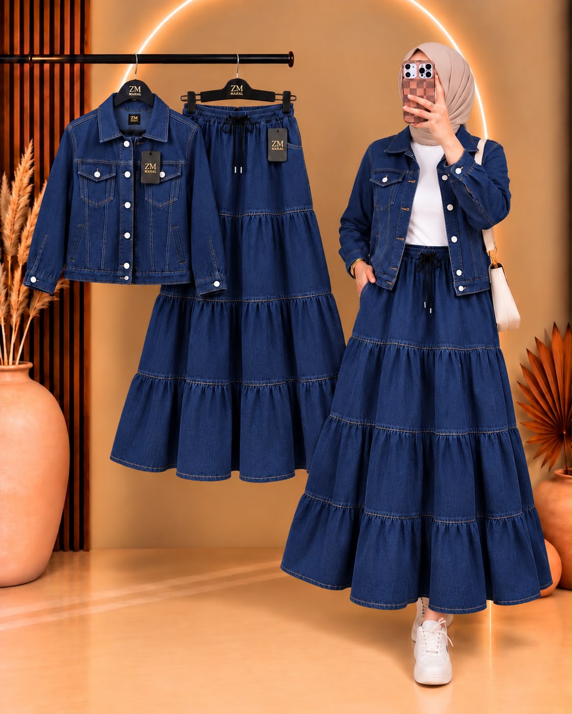 Denim Luxe Jacket & Tiered Maxi Skirt Set ZM-040