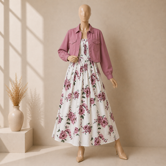 Floral Maxi Dress Set for Women – Turkish Style Smokie Maxi with Jacket