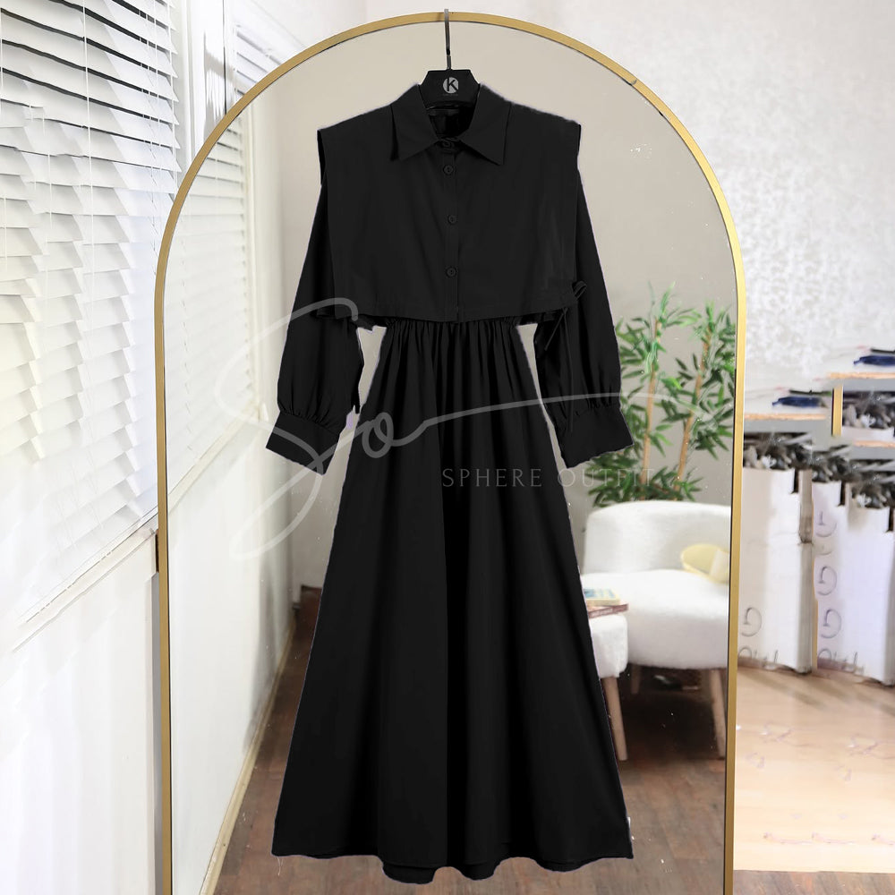 Black Premium Turkish Cote Maxi – Stylish and chic long dress with a collar, full sleeves, and flowy silhouette.