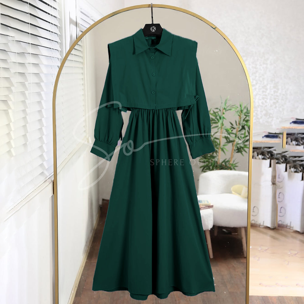 Green Premium Turkish Cote Maxi – Elegant maxi dress with long sleeves, a structured top, and a flared bottom in soft georgette fabric.