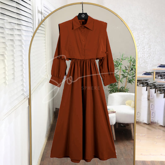 Rust Premium Turkish Cote Maxi – Warm-toned elegant maxi dress with a structured bodice, full sleeves, and a flowy silhouette in soft georgette fabric.