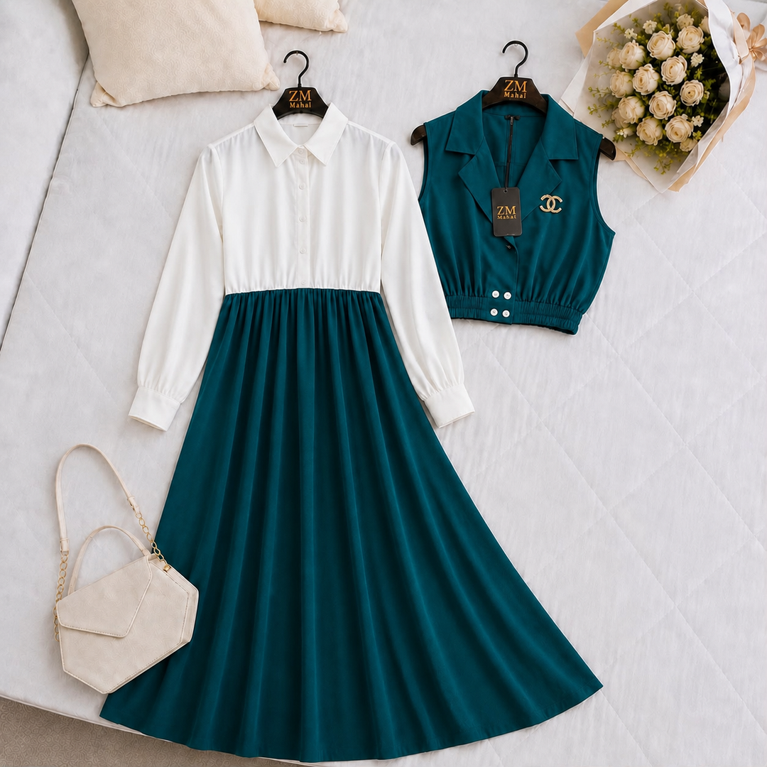 Peacock Green: Seraphine women’s layered maxi set in Peacock Green with white collared bodice and cropped vest