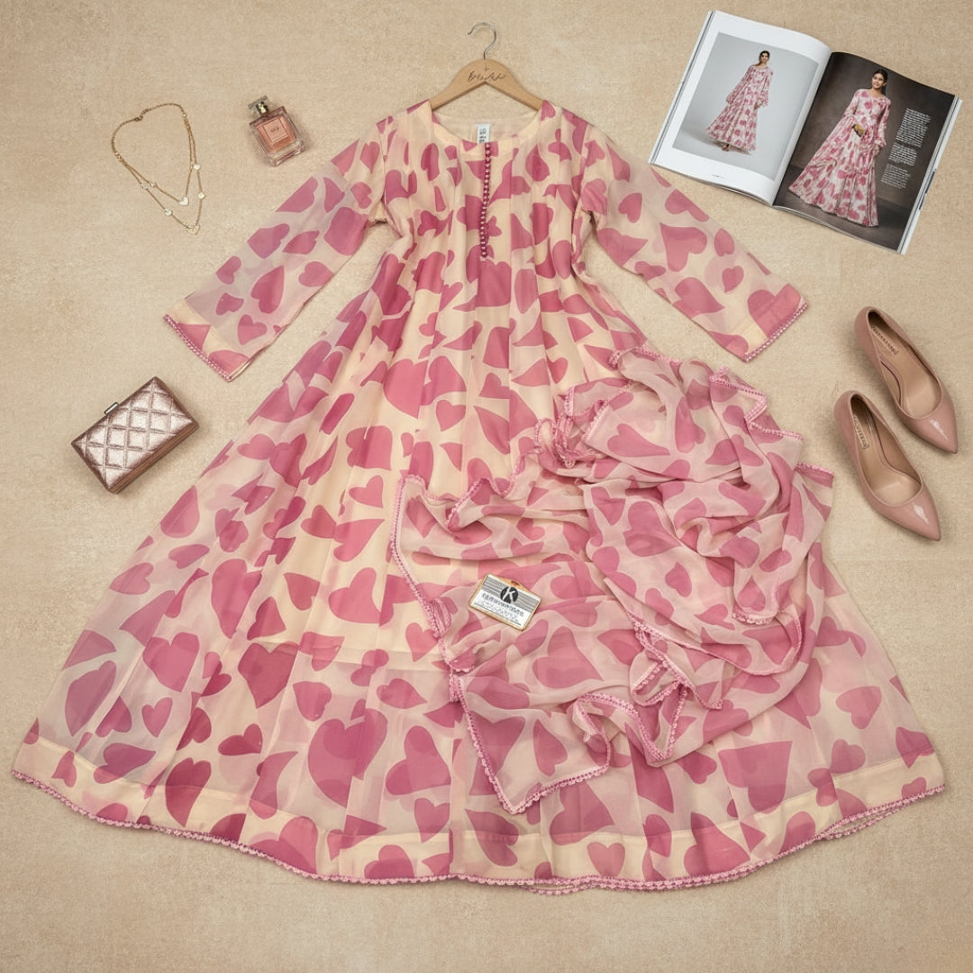 Bonanza Floral Chiffon Frock & Dupatta Set - 2 Pcs