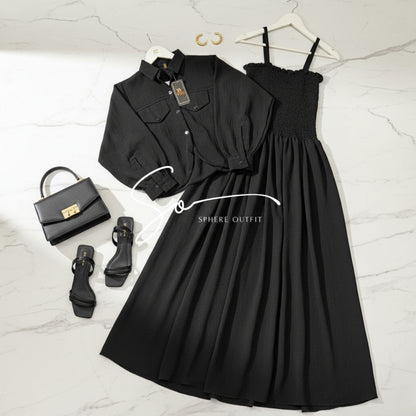 Elevate Your Wardrobe with Our Chic Smocked Maxi Dress & Cropped Collared Jacket Set!