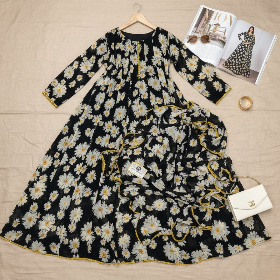 Bonanza Floral Chiffon Frock & Dupatta Set - 2 Pcs