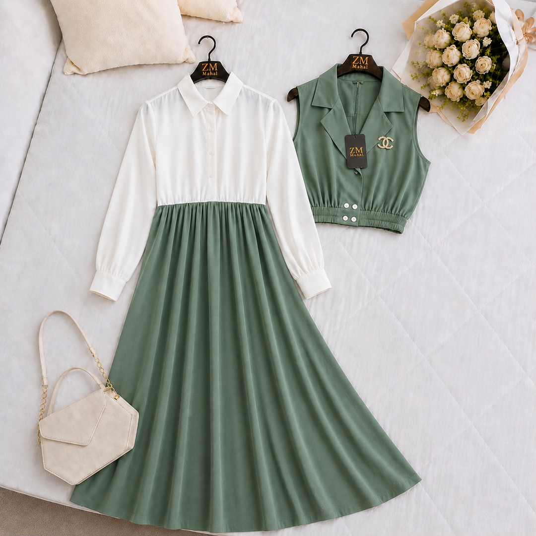 Dull Sage Green: Seraphine women’s layered maxi set in Dull Sage Green with white collared bodice and cropped vest