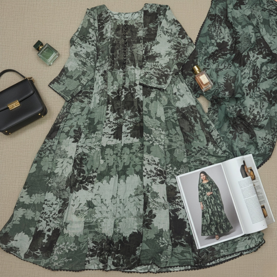 Bonanza Floral Chiffon Frock & Dupatta Set - 2 Pcs