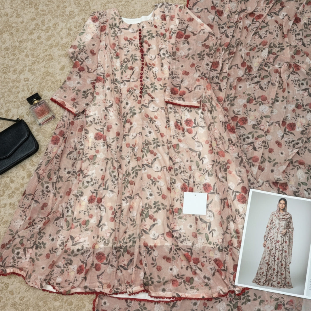 Bonanza Floral Chiffon Frock & Dupatta Set - 2 Pcs