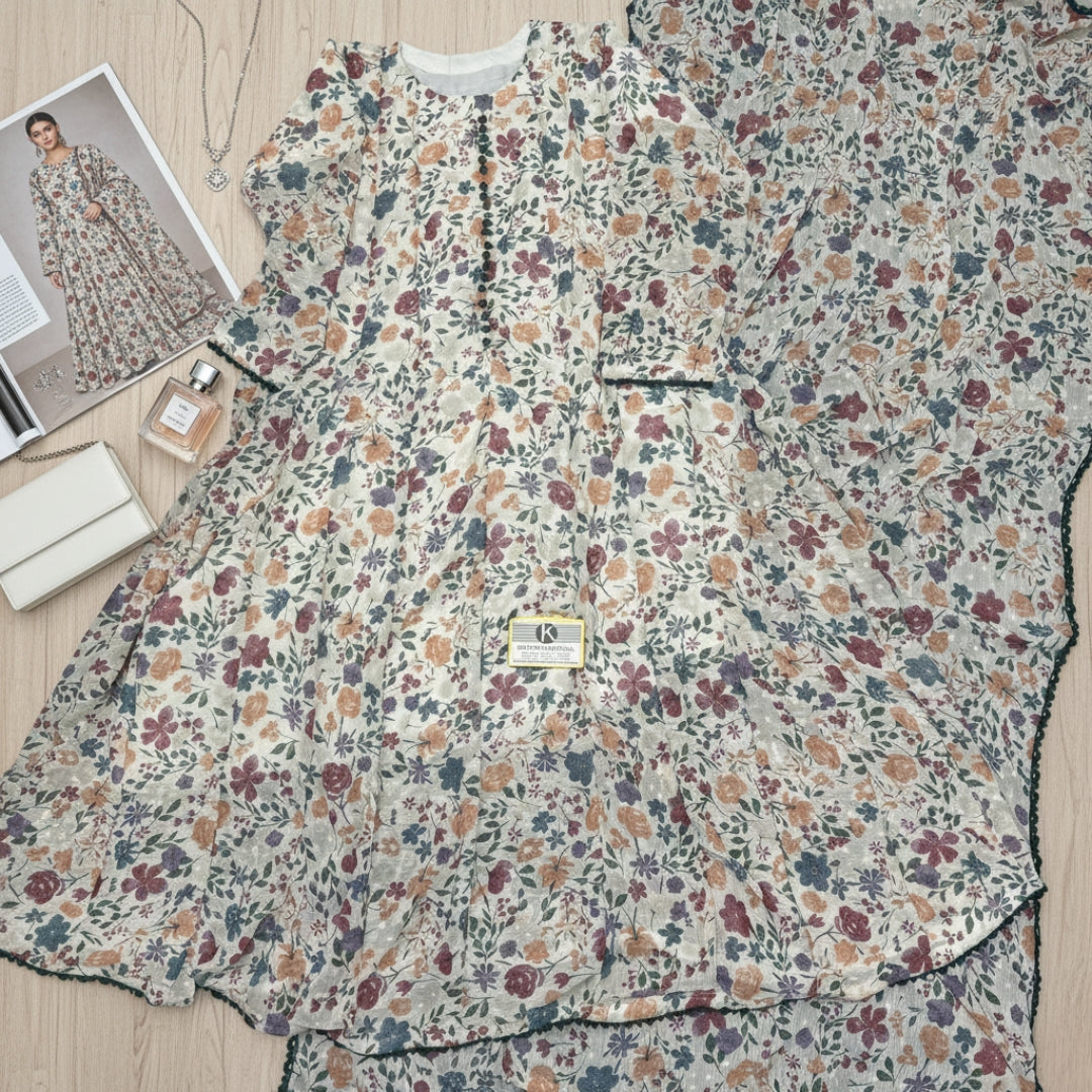 Bonanza Floral Chiffon Frock & Dupatta Set - 2 Pcs