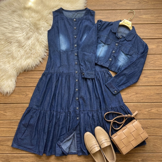 Denim Maxi Frock with Cropped Denim Jacket | Two Piece Dress Set for Women