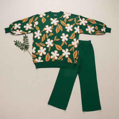 Women's Flower Print Fleece Tracksuit - Winter Wear