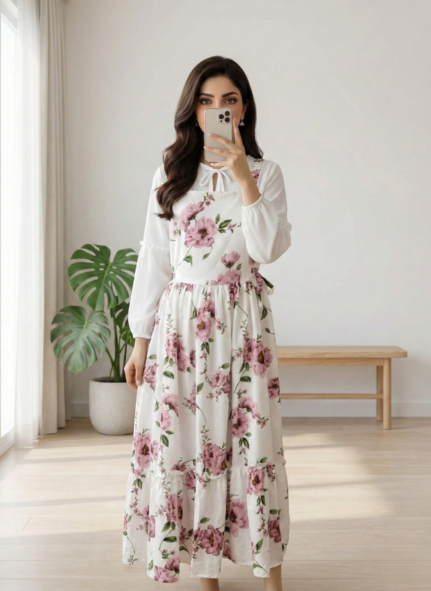 White Floral Georgette Maxi Dress for Women | Elegant Modest Long Dress