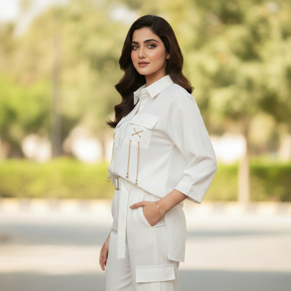 White Georgette Co-Ord Shirt & Trouser Set – SphereOutfit