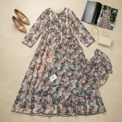 Bonanza Floral Chiffon Frock & Dupatta Set - 2 Pcs