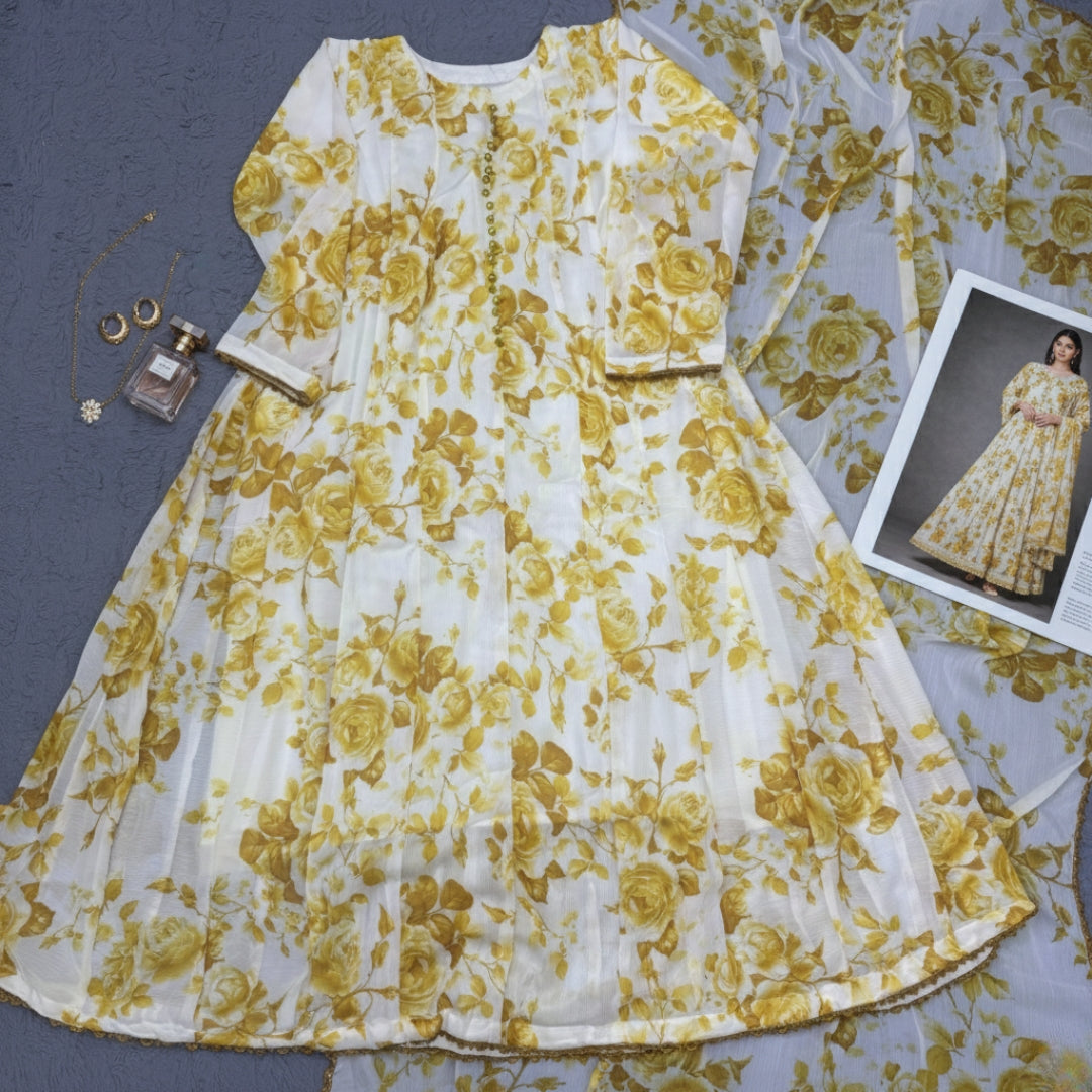 Bonanza Floral Chiffon Frock & Dupatta Set - 2 Pcs