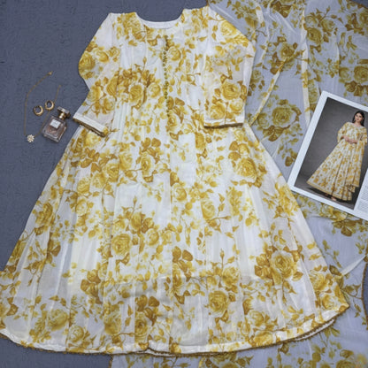 Bonanza Floral Chiffon Frock & Dupatta Set - 2 Pcs