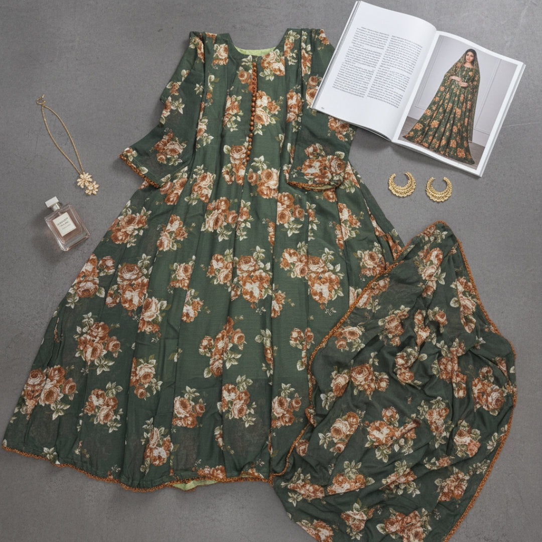 Bonanza Floral Chiffon Frock & Dupatta Set - 2 Pcs