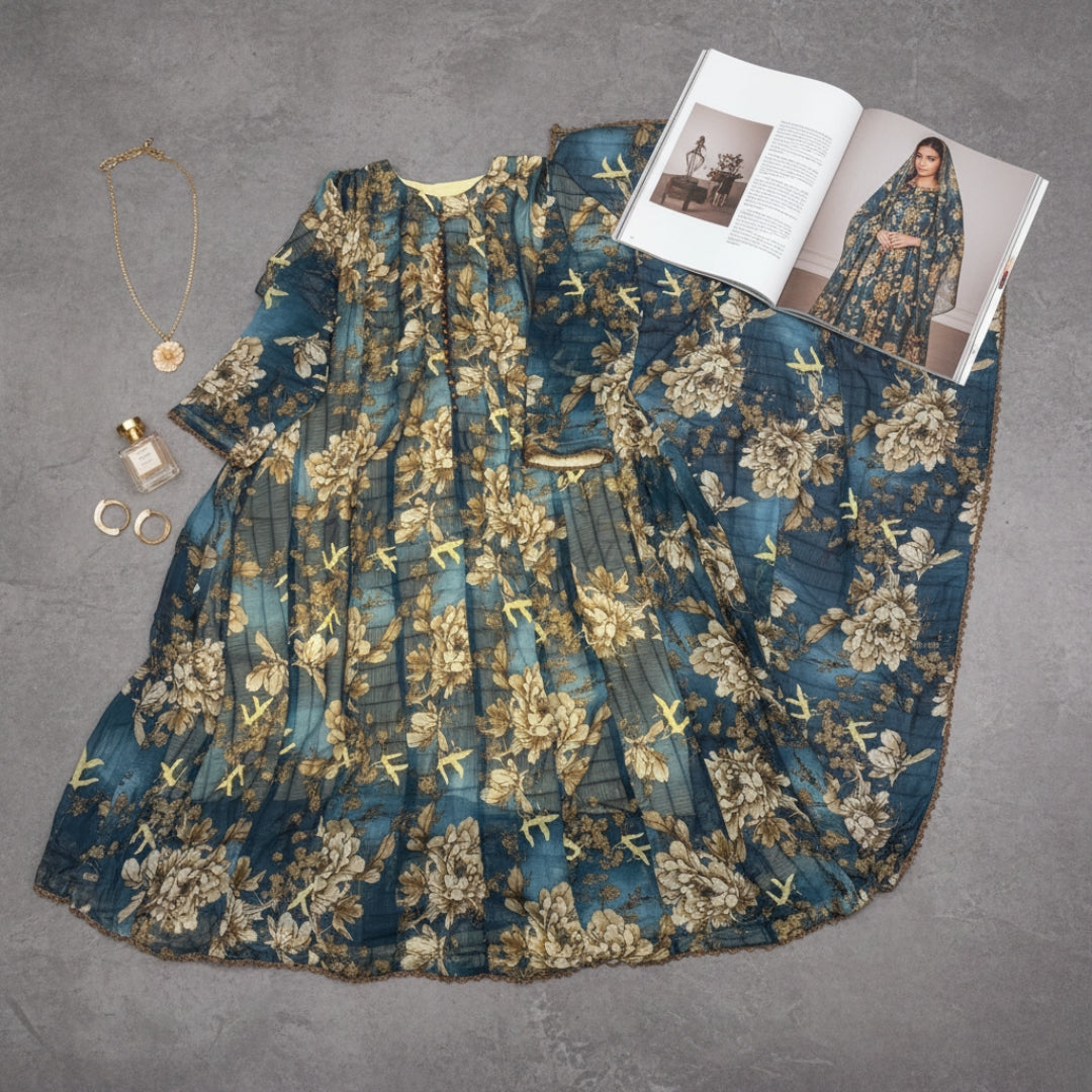 Bonanza Floral Chiffon Frock & Dupatta Set - 2 Pcs