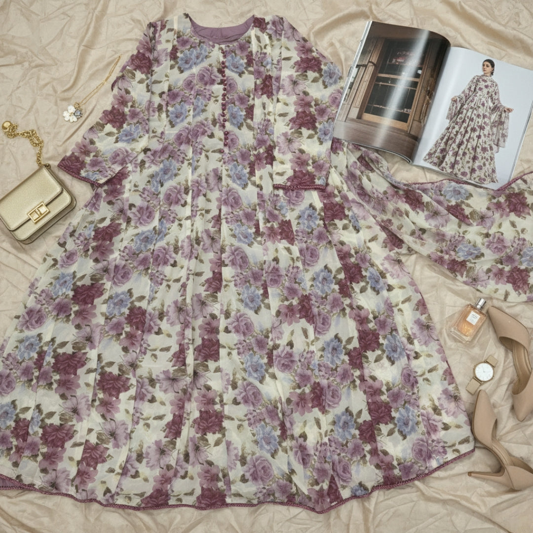 Bonanza Floral Chiffon Frock & Dupatta Set - 2 Pcs