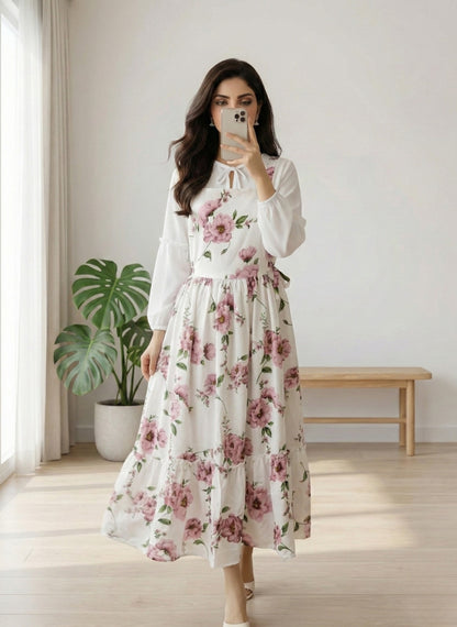 White Floral Georgette Maxi Dress for Women | Elegant Modest Long Dress