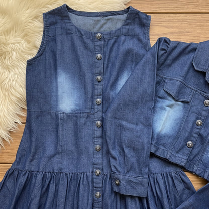 Denim Maxi Frock with Cropped Denim Jacket | Two Piece Dress Set for Women