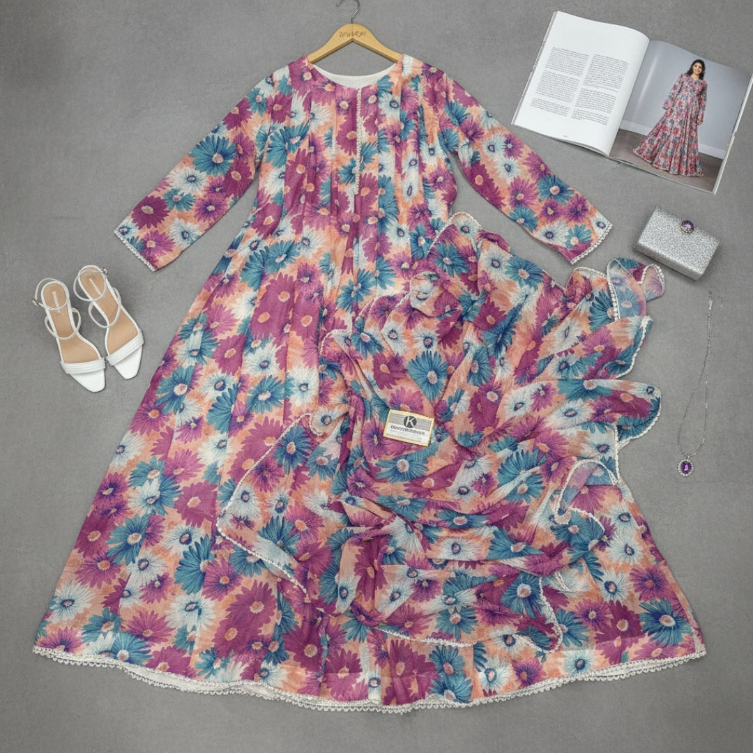 Bonanza Floral Chiffon Frock & Dupatta Set - 2 Pcs