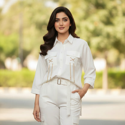 White Georgette Co-Ord Shirt & Trouser Set – SphereOutfit