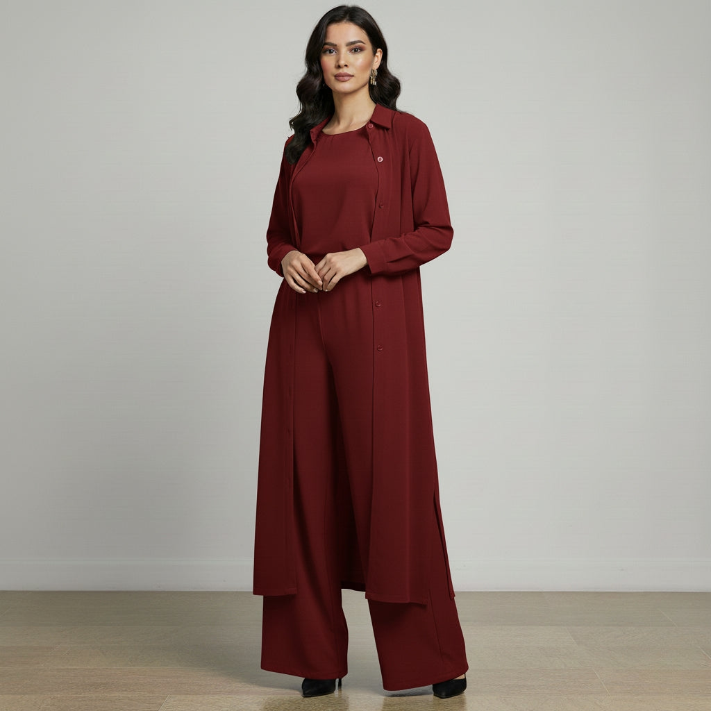 Women’s 3-Piece Modest Suit Set — Long Upper, Inner Top & Wide-Leg Trouser