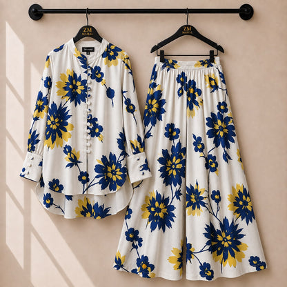 Floral Bloom Shirt and Palazzo Co-Ord Set in Print-01 | SphereOutfit