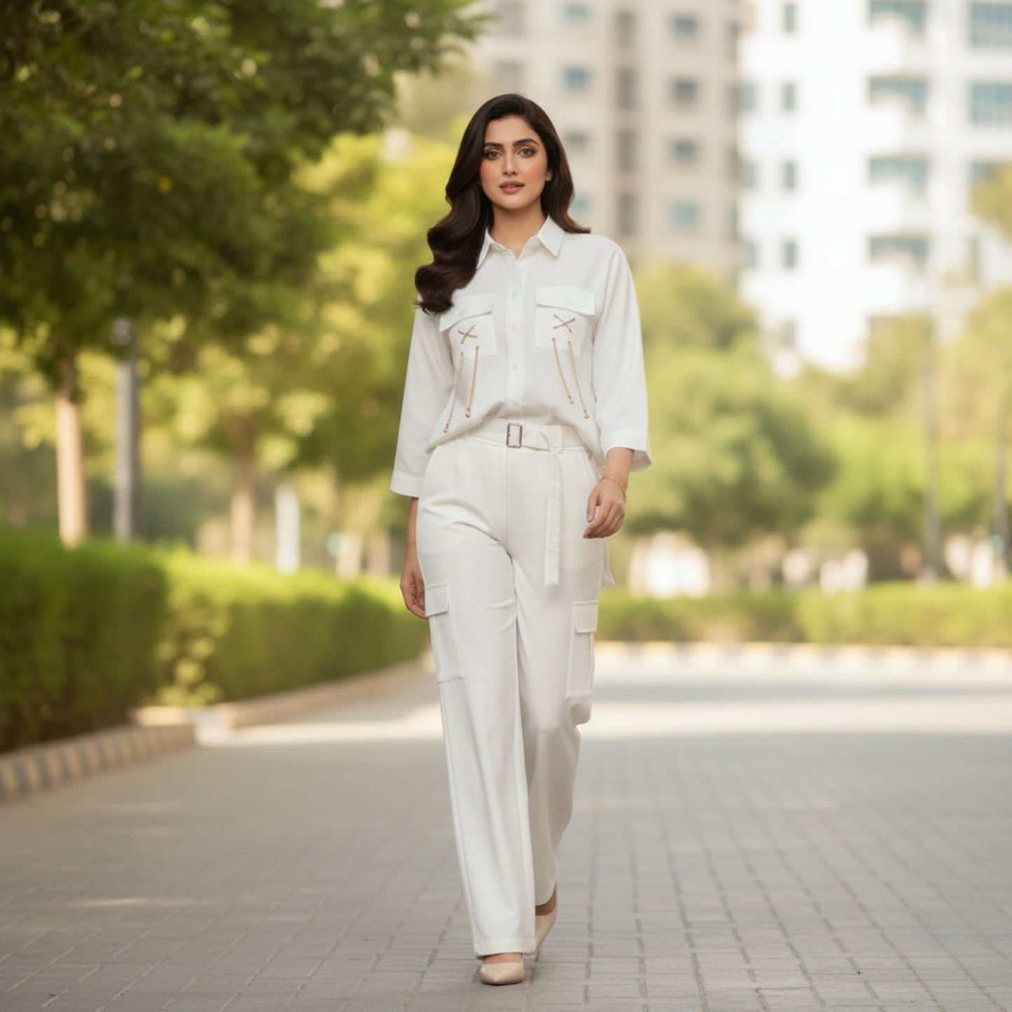 White Georgette Co-Ord Shirt & Trouser Set – SphereOutfit