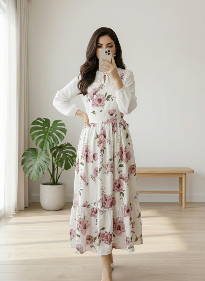 White Floral Georgette Maxi Dress for Women | Elegant Modest Long Dress