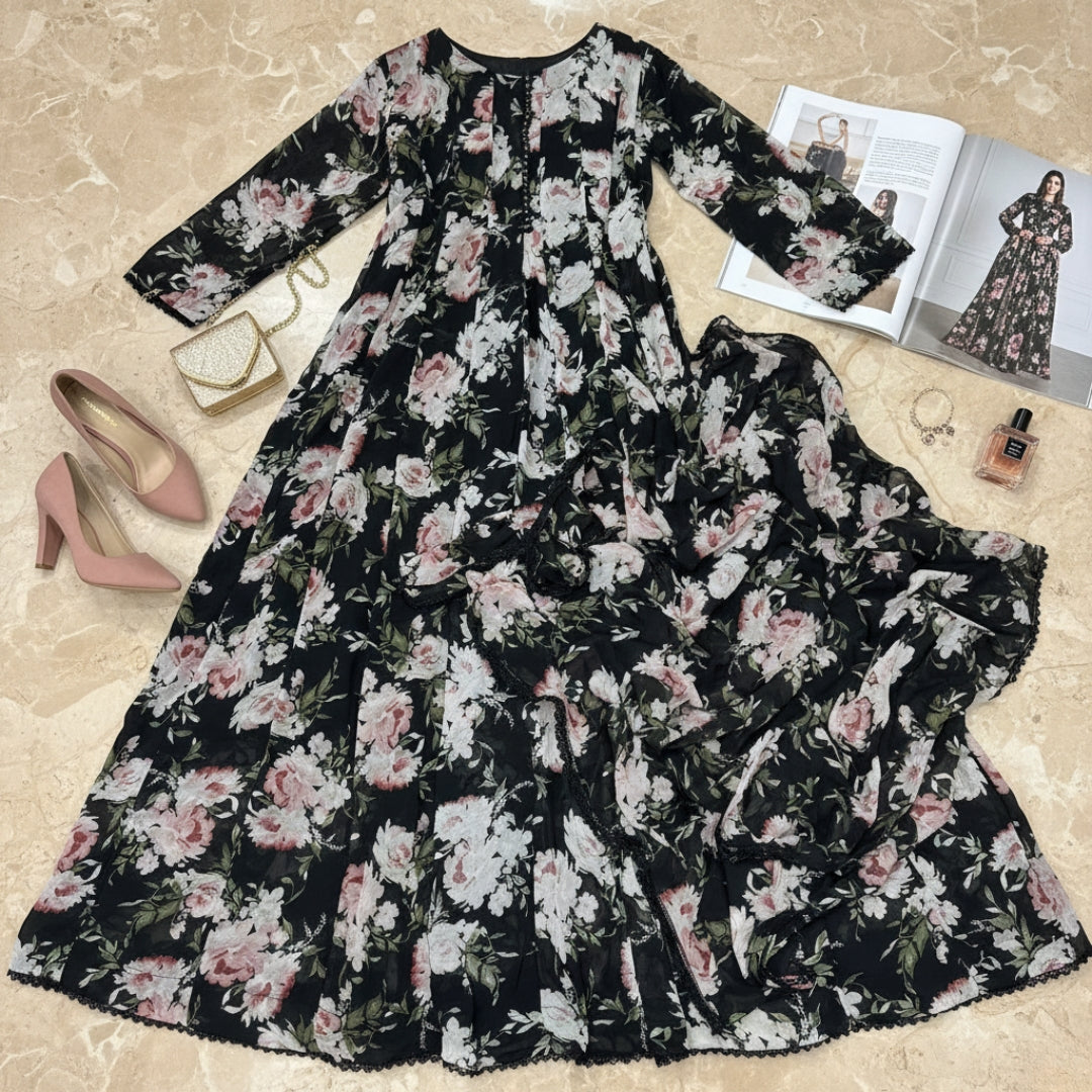 Bonanza Floral Chiffon Frock & Dupatta Set - 2 Pcs