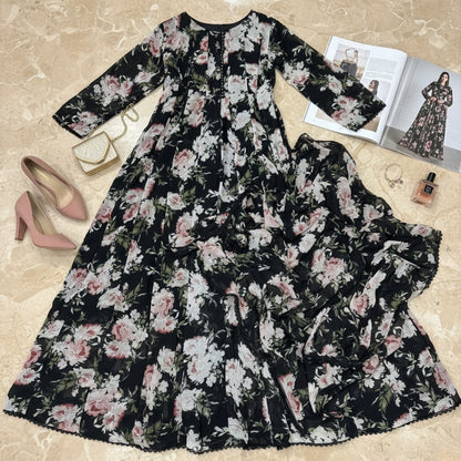 Bonanza Floral Chiffon Frock & Dupatta Set - 2 Pcs