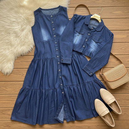 Denim Maxi Frock with Cropped Denim Jacket | Two Piece Dress Set for Women