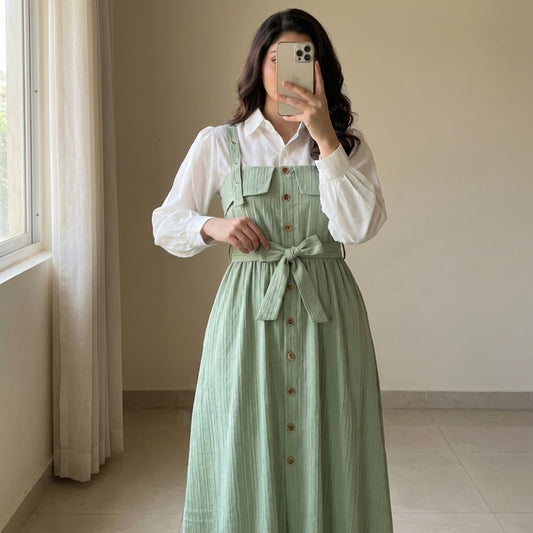 Mint Green Button-Front Maxi Dress with Waist Belt | Elegant Modest Long Dress