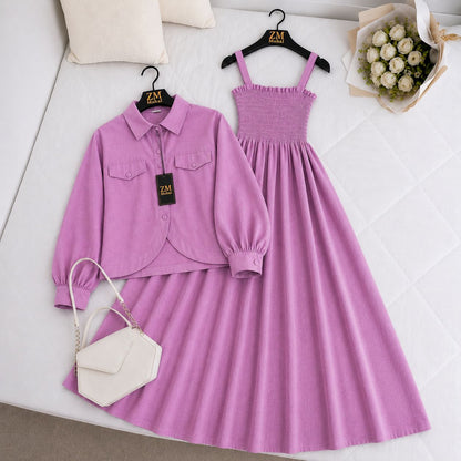 Purple shirt and dress set with a handbag on a white surface, featuring the brand 'ZM'.