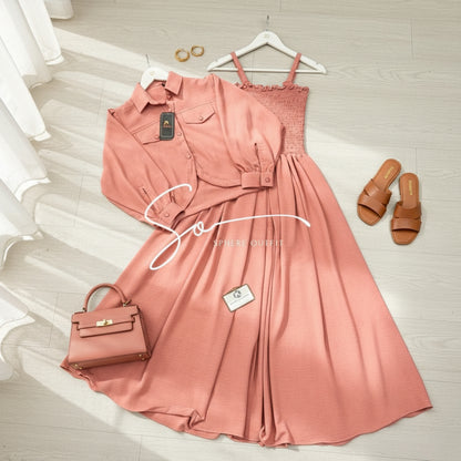 Elevate Your Wardrobe with Our Chic Smocked Maxi Dress & Cropped Collared Jacket Set!